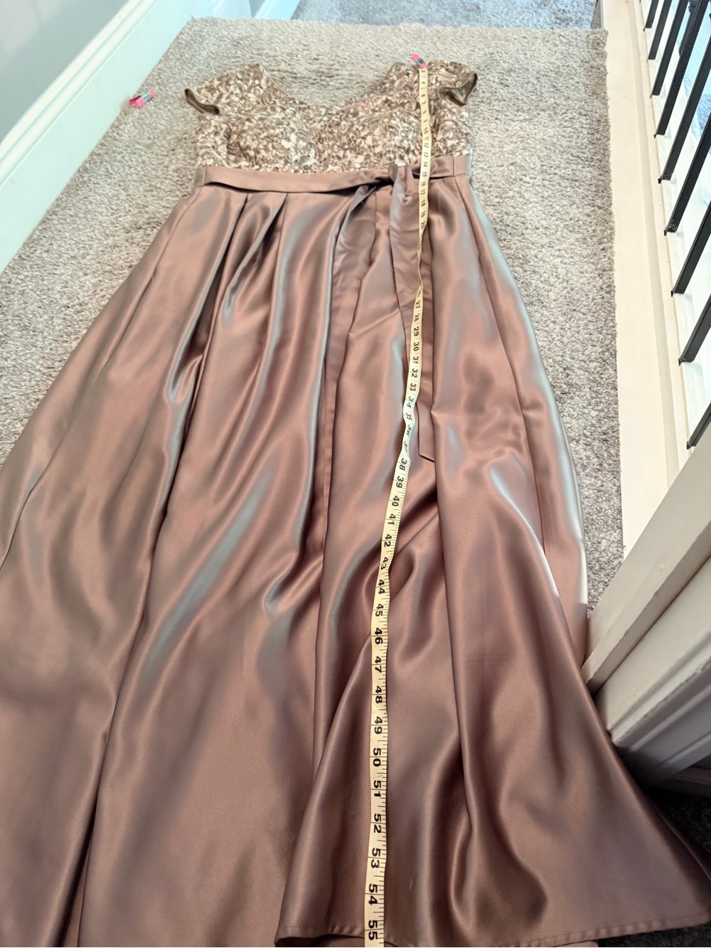 Xscape Taupe Satin Maxi Dress with Embroidered Bodice - Picture 7 of 12